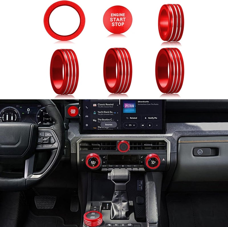 HDUFC For Toyota Tacoma 2024 2025/4Runner/4Runner Hybrid 2025 One Touch Start, Screen Center Console Button Knob Cover Ring Air Conditioner AC Switch Audio Aluminum Alloy Parts 6pcs (14-inch screen, red) - Image 1